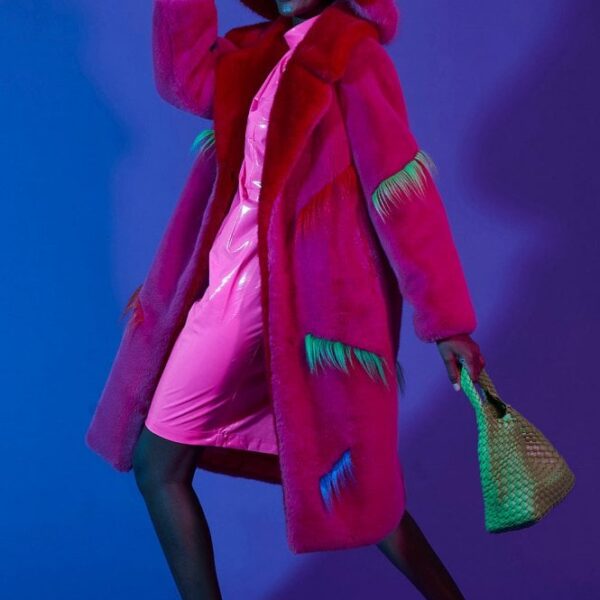 Pink Faux Fur Colour Clash Dazzle Coat