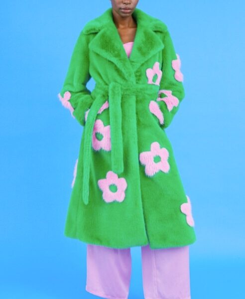 Faux Fur Long Coat Bright Flower