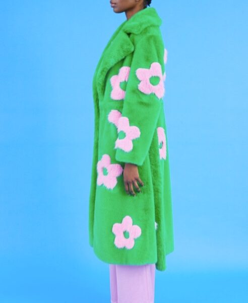 Faux Fur Long Coat Bright Flower