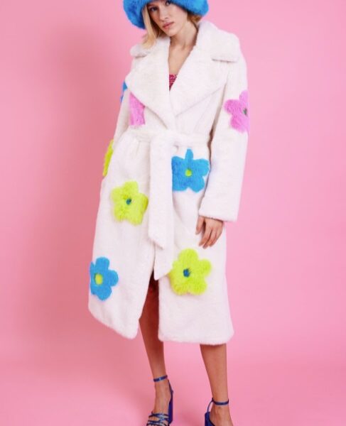 Faux Fur Coat with Bright Flower