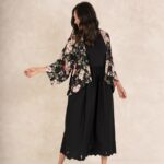 One Hundred Stars Trailing Blossom Crepe Kimono Black - Image 3
