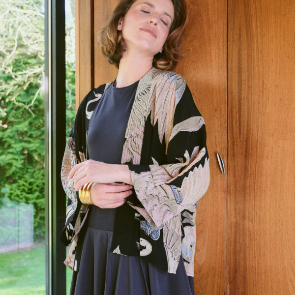 One Hundred Stars Crane Black Crepe Kimono