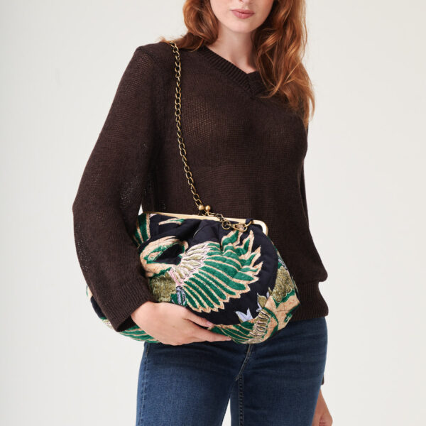 One Hundred Stars Crane Emerald Quilted Velvet Kiss Lock Bag