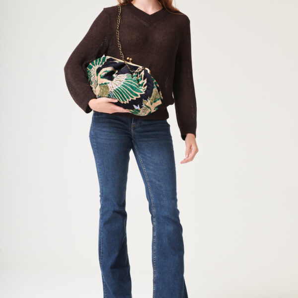 One Hundred Stars Crane Emerald Quilted Velvet Kiss Lock Bag