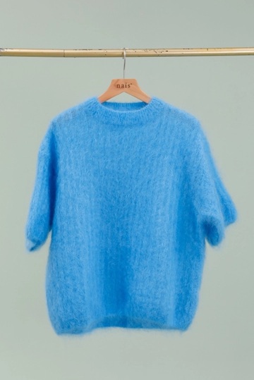 Round Neck Short Sleeve Oversized Jumper in Blue