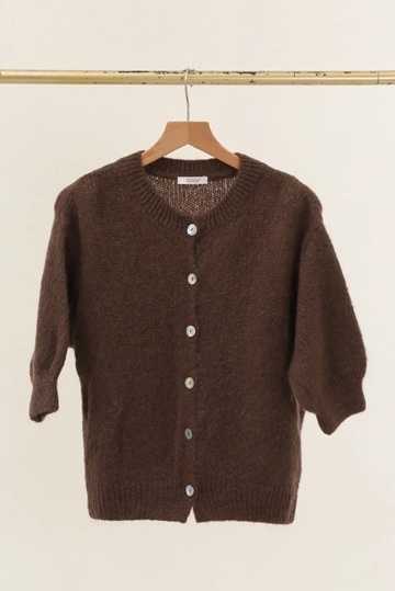 Mohair and Wool Round Neck Buttoned Cardigan in Brown