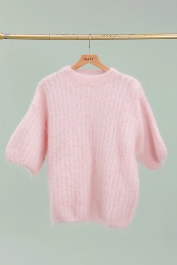 Round Neck Short Sleeve Oversized Jumper in Pink