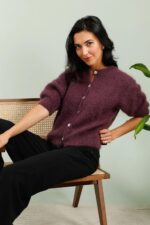 Mohair and Wool Round Neck Buttoned Cardigan in Plum