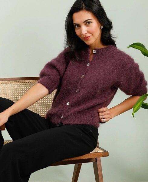 Mohair and Wool Round Neck Buttoned Cardigan in Plum