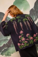 Wisteria & Chrysanthemum Embroidered Black & Pink Short Kimono - Image 3