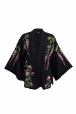 Wisteria & Chrysanthemum Embroidered Black & Pink Short Kimono