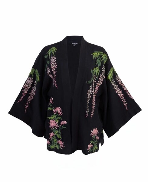 Wisteria & Chrysanthemum Embroidered Black & Pink Short Kimono