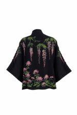 Wisteria & Chrysanthemum Embroidered Black & Pink Short Kimono - Image 2