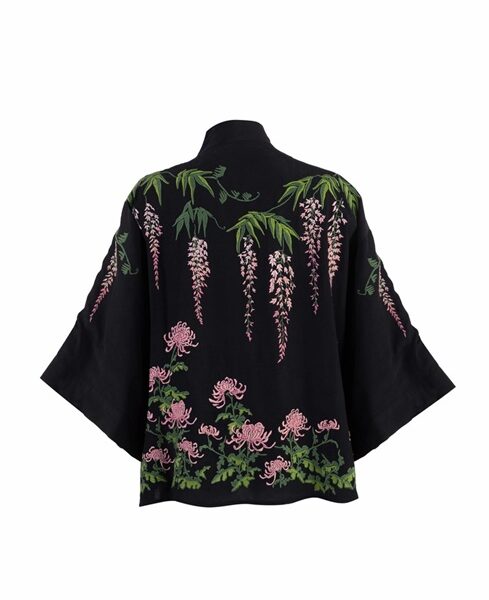 Wisteria & Chrysanthemum Embroidered Black & Pink Short Kimono