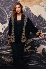 Japanese Pine Needle Embroidered Black and Gold Short Kimono - Image 3