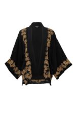 Japanese Pine Needle Embroidered Black and Gold Short Kimono