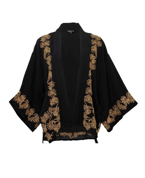 Japanese Pine Needle Embroidered Black and Gold Short Kimono