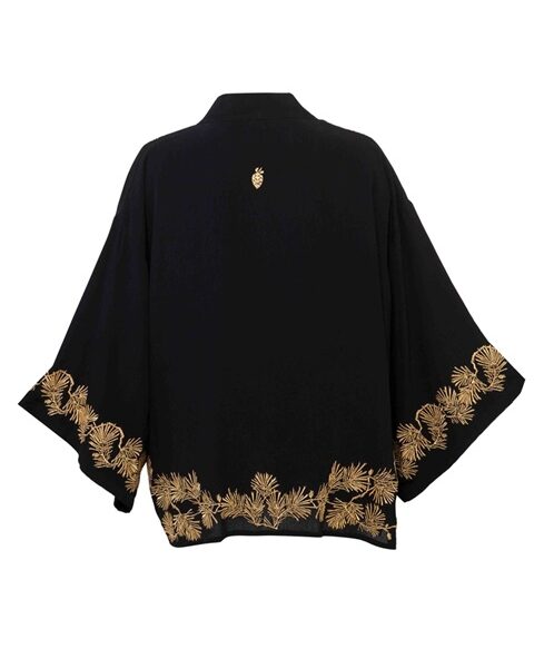 Japanese Pine Needle Embroidered Black and Gold Short Kimono
