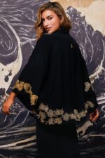 Japanese Pine Needle Embroidered Black and Gold Short Kimono - Image 4