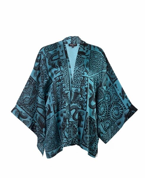 Artemis Muse Birds & Beasts Teal & Black Short Kimono
