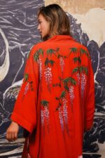 Wisteria & Chrysanthemum Embroidered Terracotta Long Kimono - Image 5