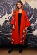 Wisteria & Chrysanthemum Embroidered Terracotta Long Kimono - Image 4