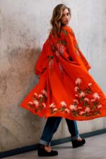 Wisteria & Chrysanthemum Embroidered Terracotta Long Kimono - Image 3