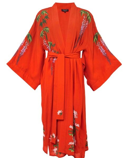Wisteria & Chrysanthemum Embroidered Terracotta Long Kimono