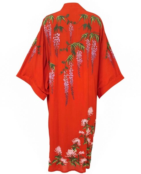 Wisteria & Chrysanthemum Embroidered Terracotta Long Kimono