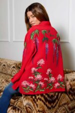 Wisteria & Chrysanthemum Embroidered Red Short Kimono - Image 4