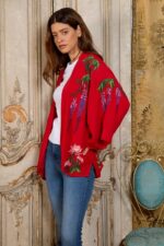 Wisteria & Chrysanthemum Embroidered Red Short Kimono - Image 3