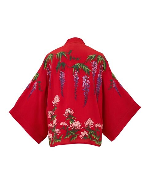 Wisteria & Chrysanthemum Embroidered Red Short Kimono