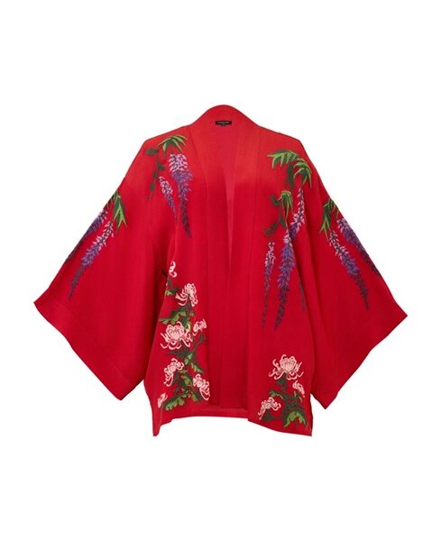 Wisteria & Chrysanthemum Embroidered Red Short Kimono
