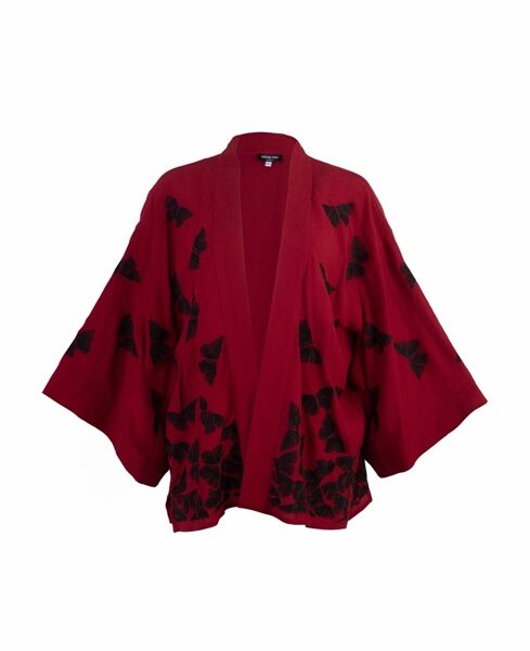 Black Embroidered Butterflies Wine Short Kimono