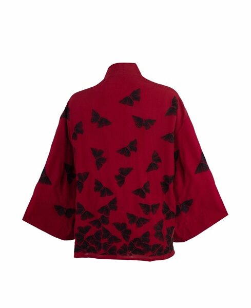 Black Embroidered Butterflies Wine Short Kimono