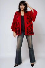 Black Embroidered Butterflies Wine Short Kimono - Image 3