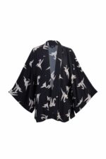 Japanese Origami Bird Print Black & Ivory Short Kimono