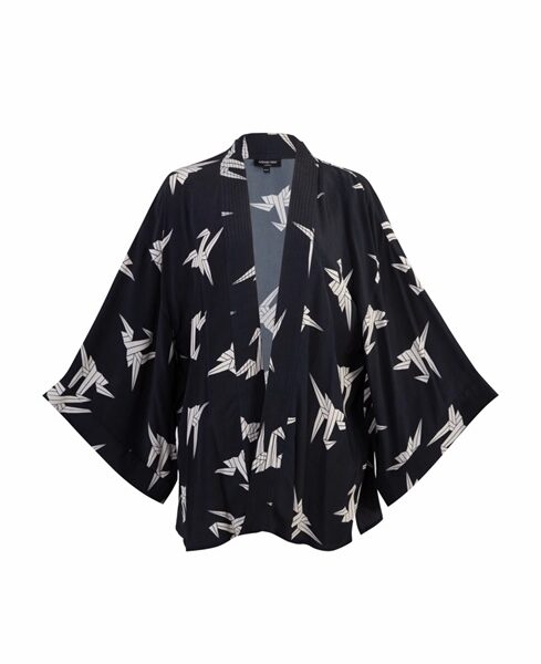 Japanese Origami Bird Print Black & Ivory Short Kimono