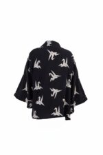 Japanese Origami Bird Print Black & Ivory Short Kimono - Image 2