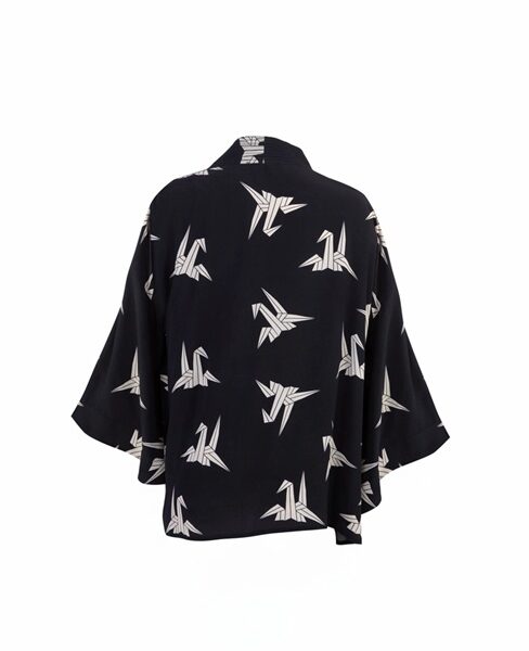 Japanese Origami Bird Print Black & Ivory Short Kimono