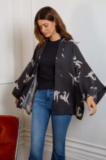 Japanese Origami Bird Print Black & Ivory Short Kimono - Image 3