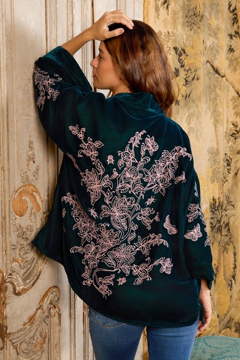 Wild Flowers & Butterflies Teal & Pink Velvet Embroidered Short Kimono - Image 4
