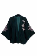 Wild Flowers & Butterflies Teal & Pink Velvet Embroidered Short Kimono