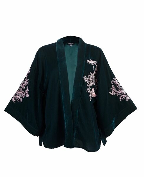 Wild Flowers & Butterflies Teal & Pink Velvet Embroidered Short Kimono
