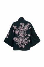 Wild Flowers & Butterflies Teal & Pink Velvet Embroidered Short Kimono - Image 2