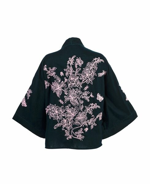Wild Flowers & Butterflies Teal & Pink Velvet Embroidered Short Kimono