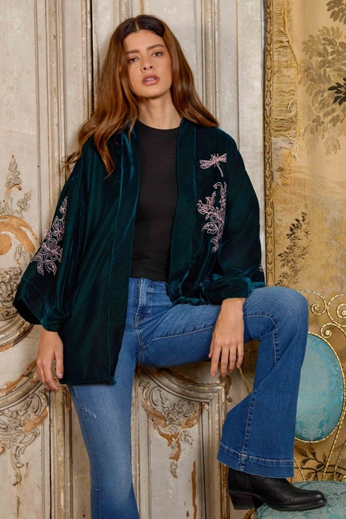 Wild Flowers & Butterflies Teal & Pink Velvet Embroidered Short Kimono - Image 3