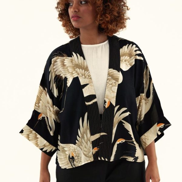 One Hundred Stars Stork Black Crepe Kimono