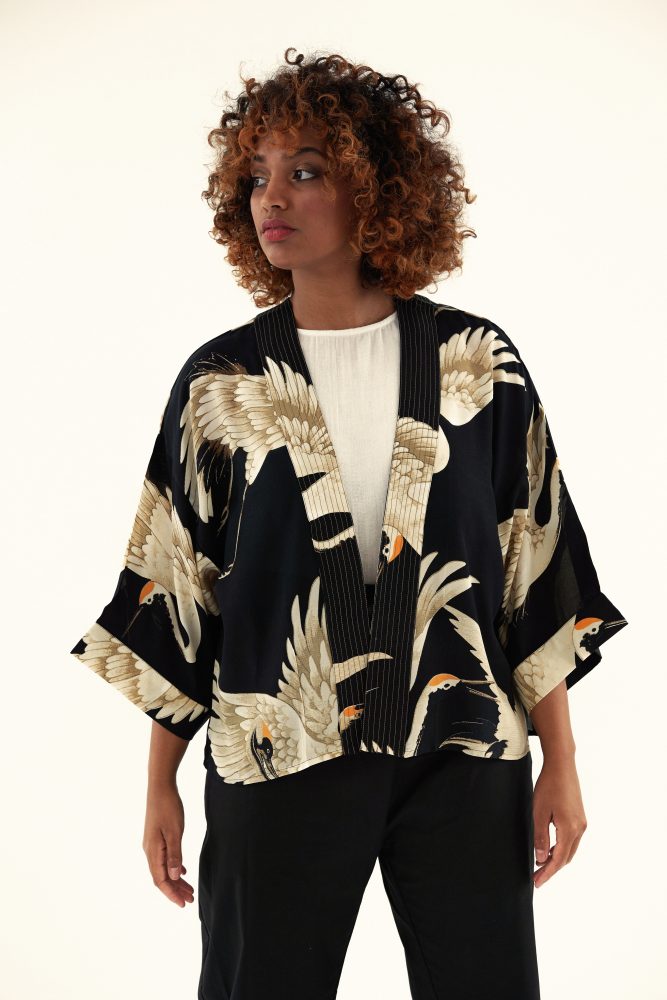 One Hundred Stars Stork Black Crepe Kimono - Image 2