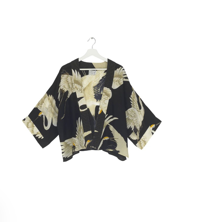 One Hundred Stars Stork Black Crepe Kimono